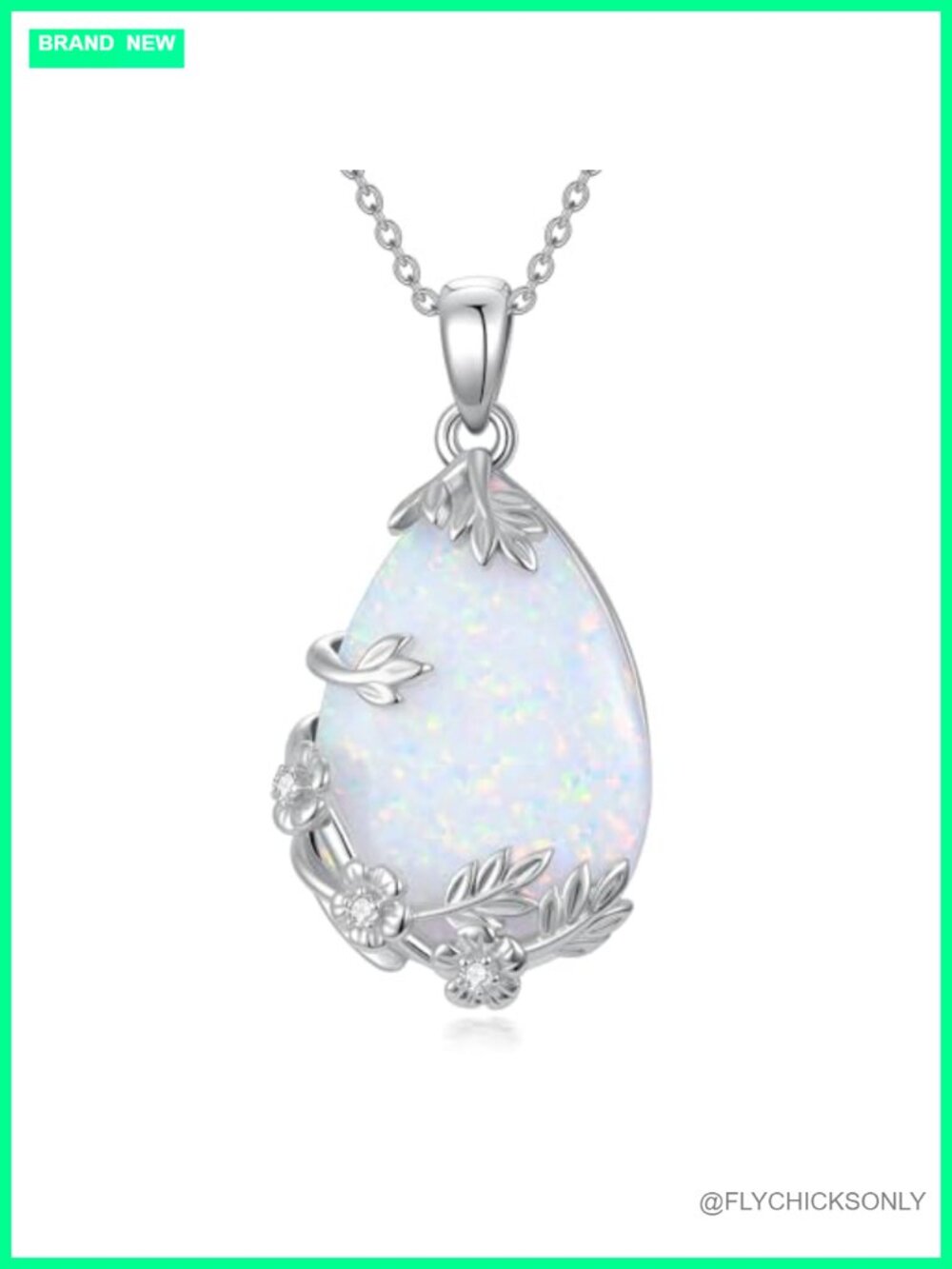 Opal Diamond Teardrop Pendant Necklace 925 Sterling Silver 18in
